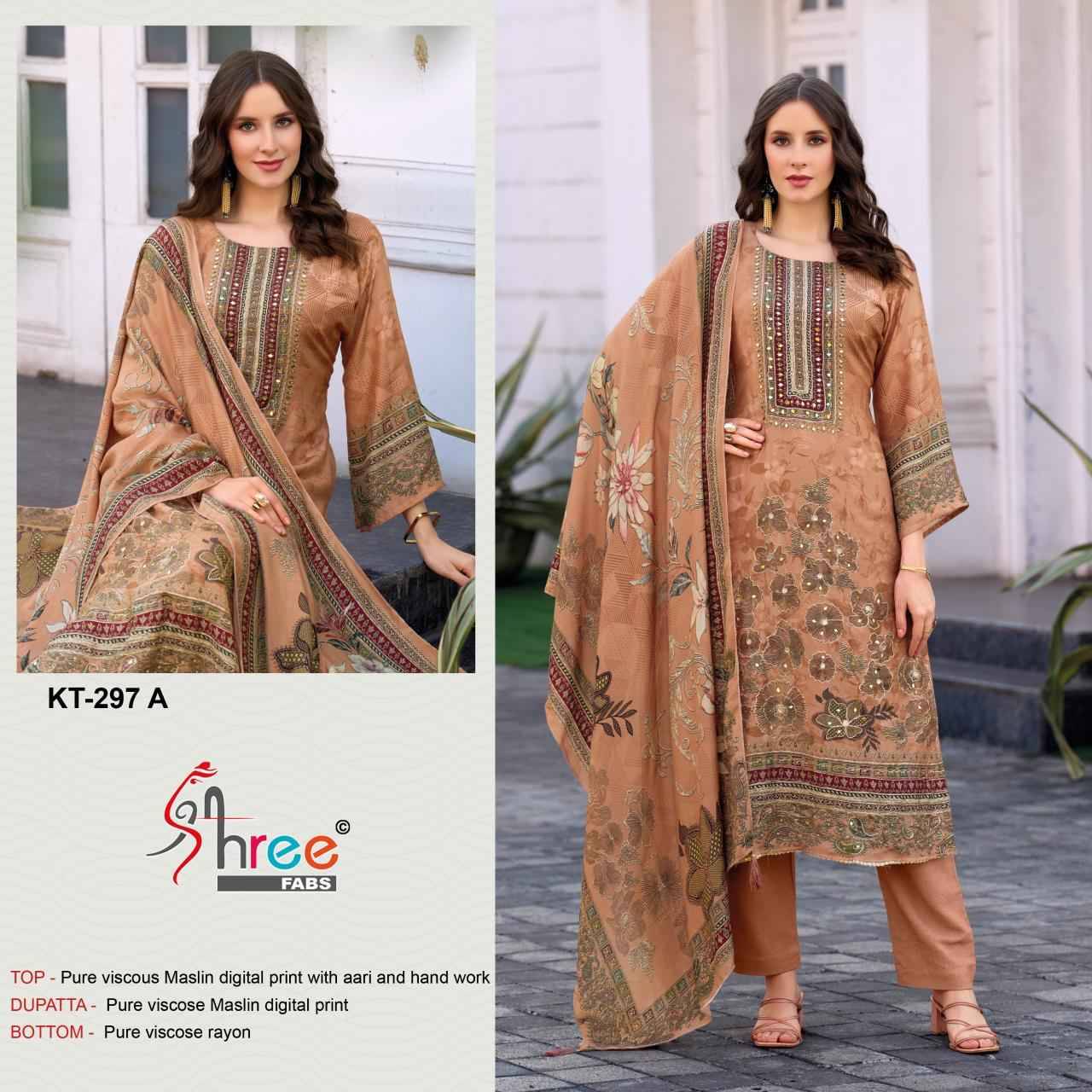 KT - 297 By Shree Fab Pakistani Stylish Beautiful Colourful Printed & Embroidered Party Wear & Occasional Wear Pure Viscous Maslin Dresses At Wholesale Price